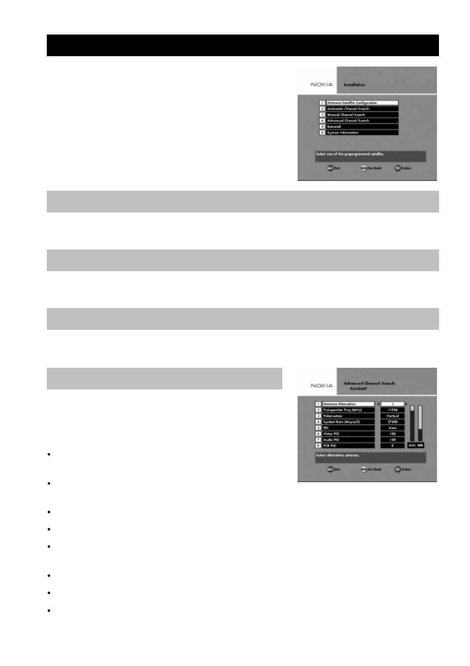 Installation submenus, Antenna satellite configuration, Automatic channel search | Manual channel search, Advanced channel search | Nokia 9650S User Manual | Page 22 / 27