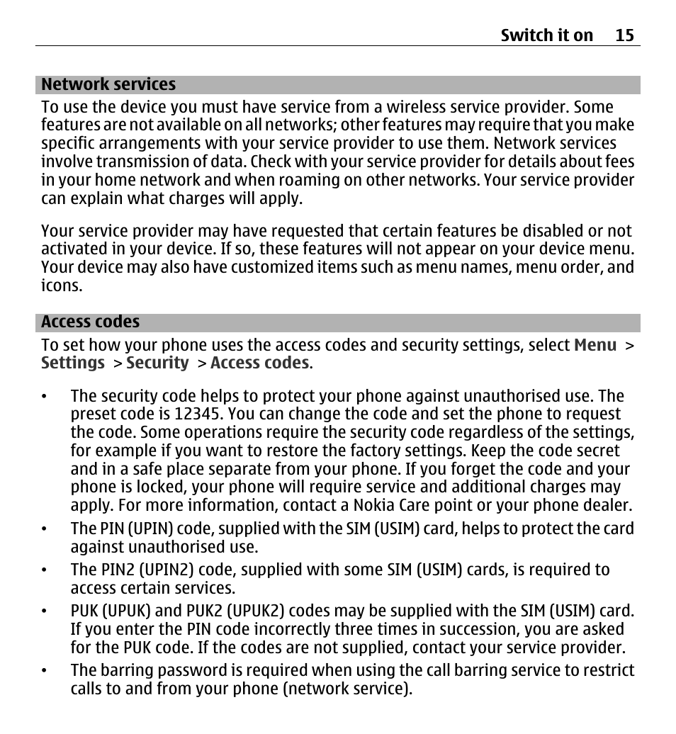 Network services, Access codes | Nokia X3-00 User Manual | Page 15 / 87