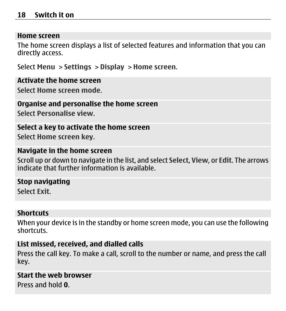 Home screen, Shortcuts | Nokia X3-00 User Manual | Page 18 / 87