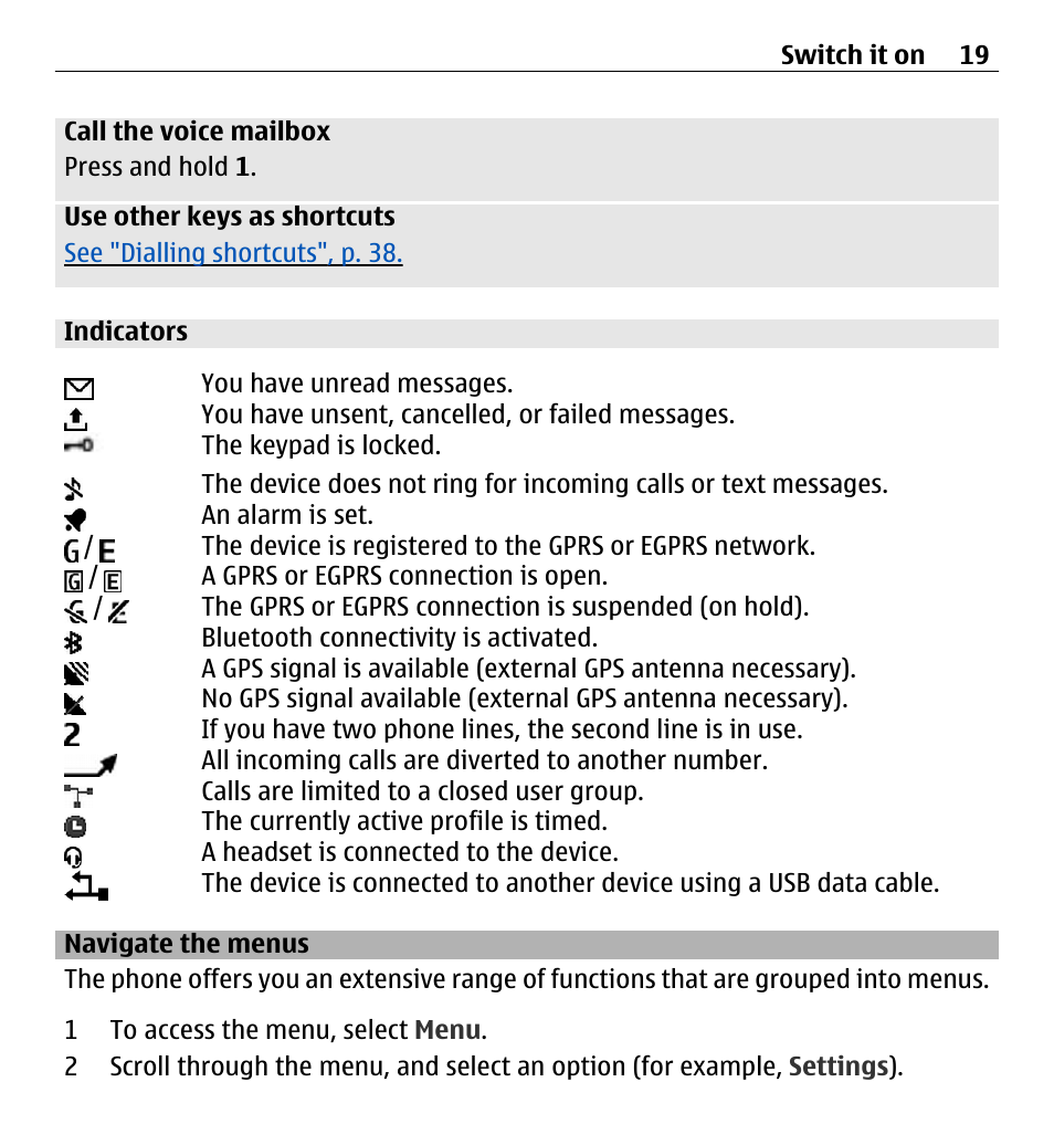 Indicators, Navigate the menus | Nokia X3-00 User Manual | Page 19 / 87