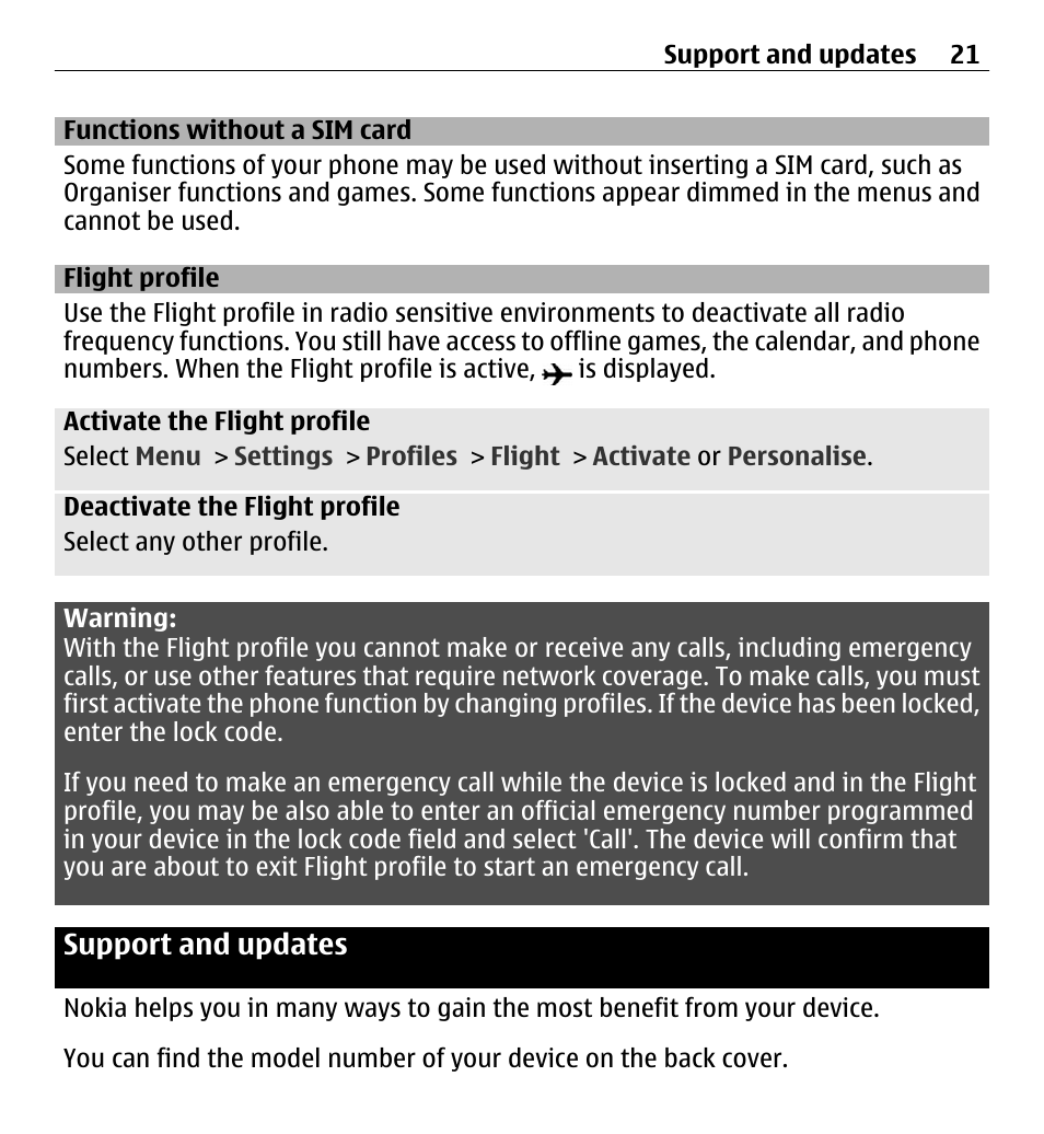 Functions without a sim card, Flight profile, Support and updates | Nokia X3-00 User Manual | Page 21 / 87