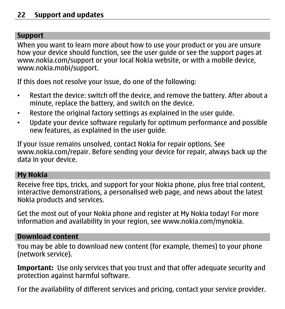 Support, My nokia, Download content | Nokia X3-00 User Manual | Page 22 / 87