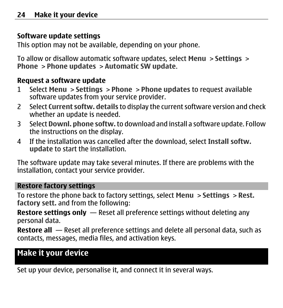 Restore factory settings, Make it your device | Nokia X3-00 User Manual | Page 24 / 87