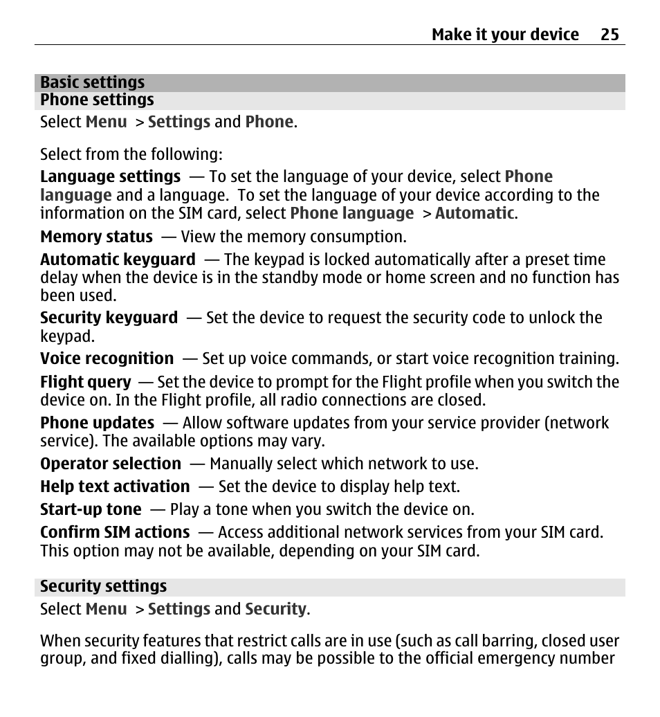 Basic settings, Phone settings, Security settings | Nokia X3-00 User Manual | Page 25 / 87