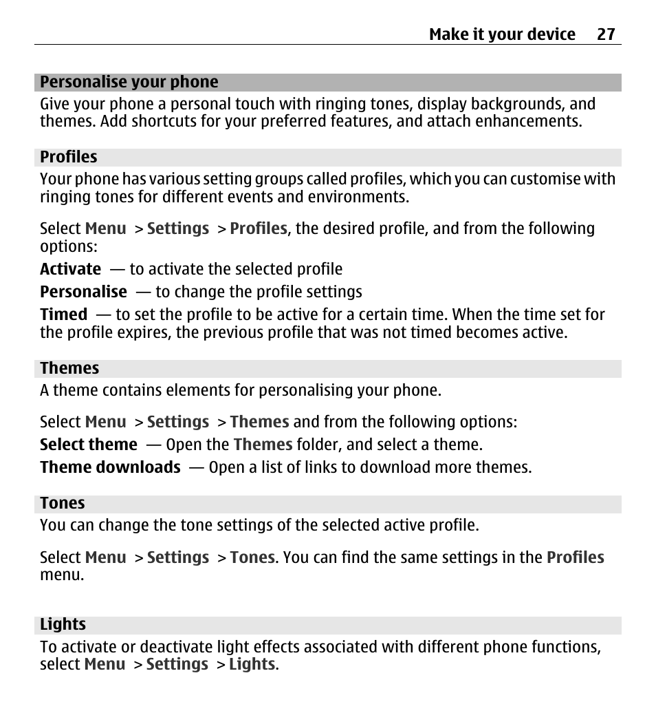 Personalise your phone, Profiles, Themes | Tones, Lights | Nokia X3-00 User Manual | Page 27 / 87