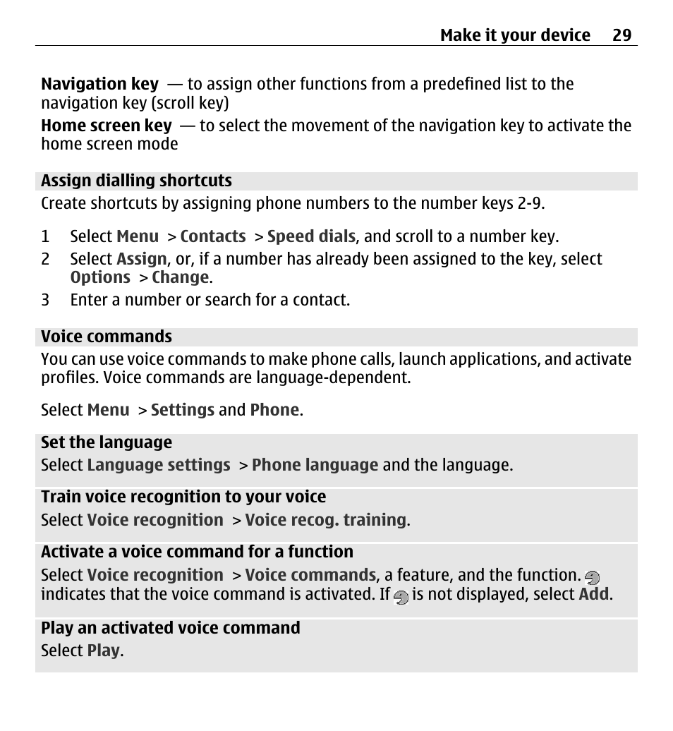 Assign dialling shortcuts, Voice commands | Nokia X3-00 User Manual | Page 29 / 87