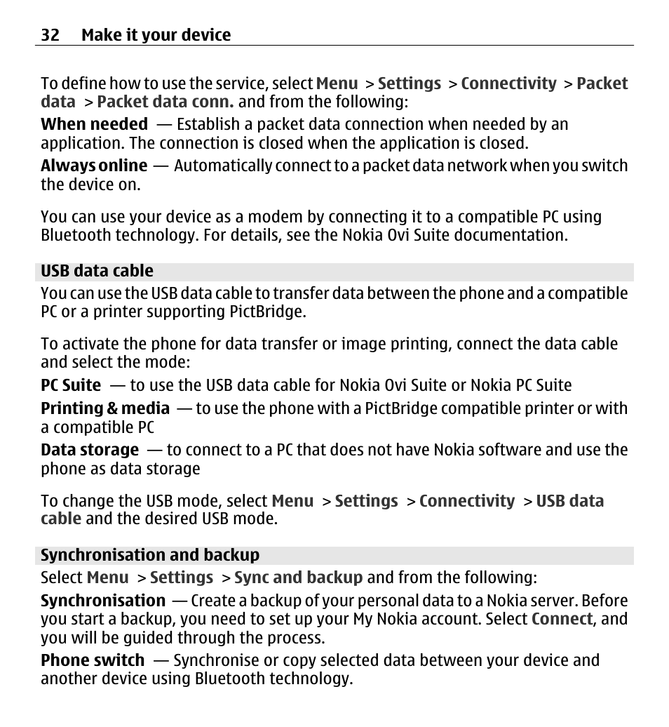 Usb data cable, Synchronisation and backup | Nokia X3-00 User Manual | Page 32 / 87