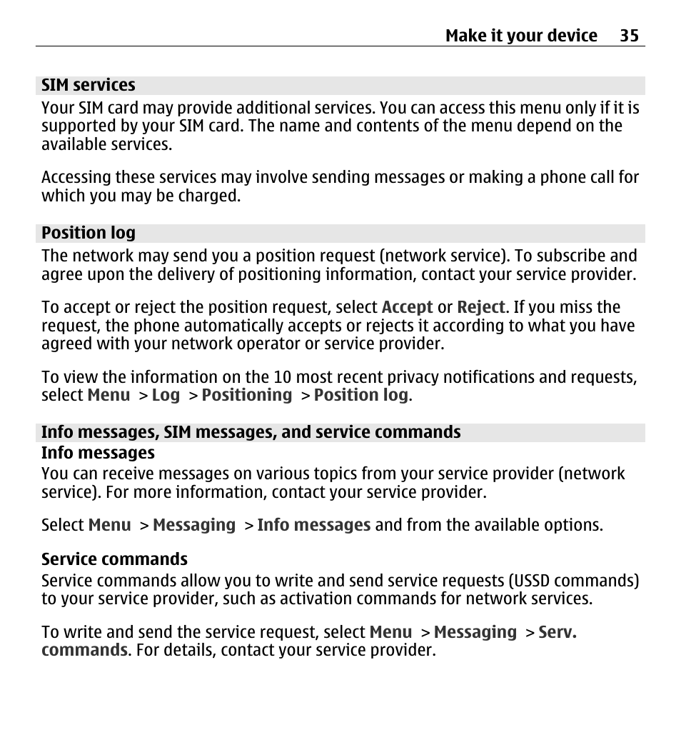 Sim services, Position log, Info messages, sim messages, and service commands | Nokia X3-00 User Manual | Page 35 / 87
