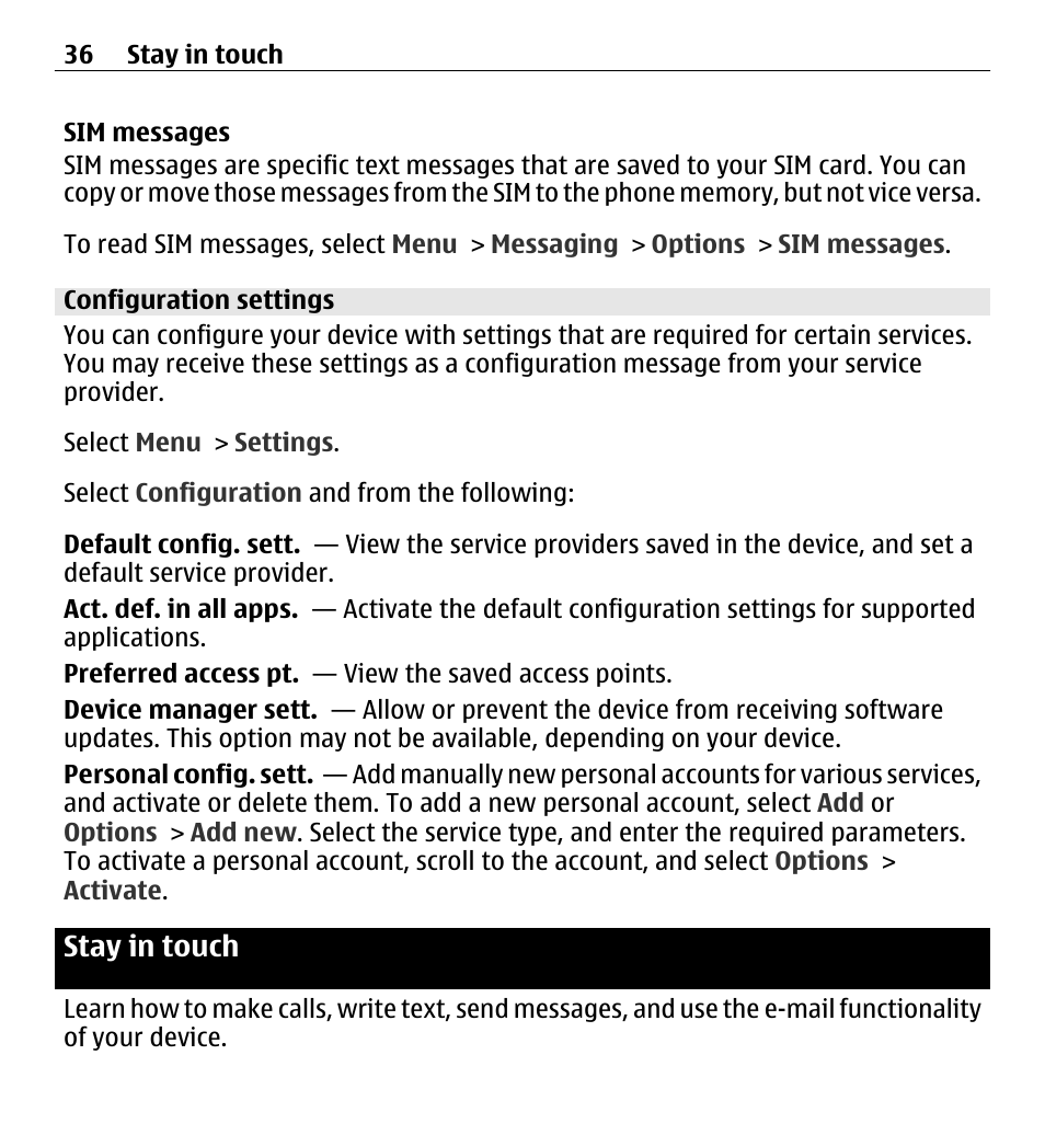 Configuration settings, Stay in touch | Nokia X3-00 User Manual | Page 36 / 87