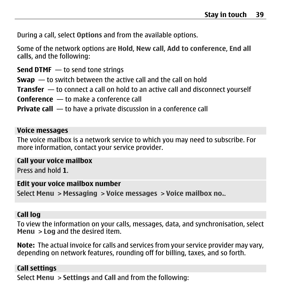 Voice messages, Call log, Call settings | Nokia X3-00 User Manual | Page 39 / 87