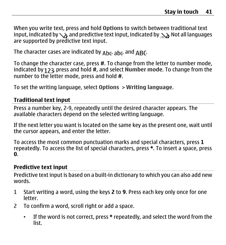 Traditional text input, Predictive text input | Nokia X3-00 User Manual | Page 41 / 87