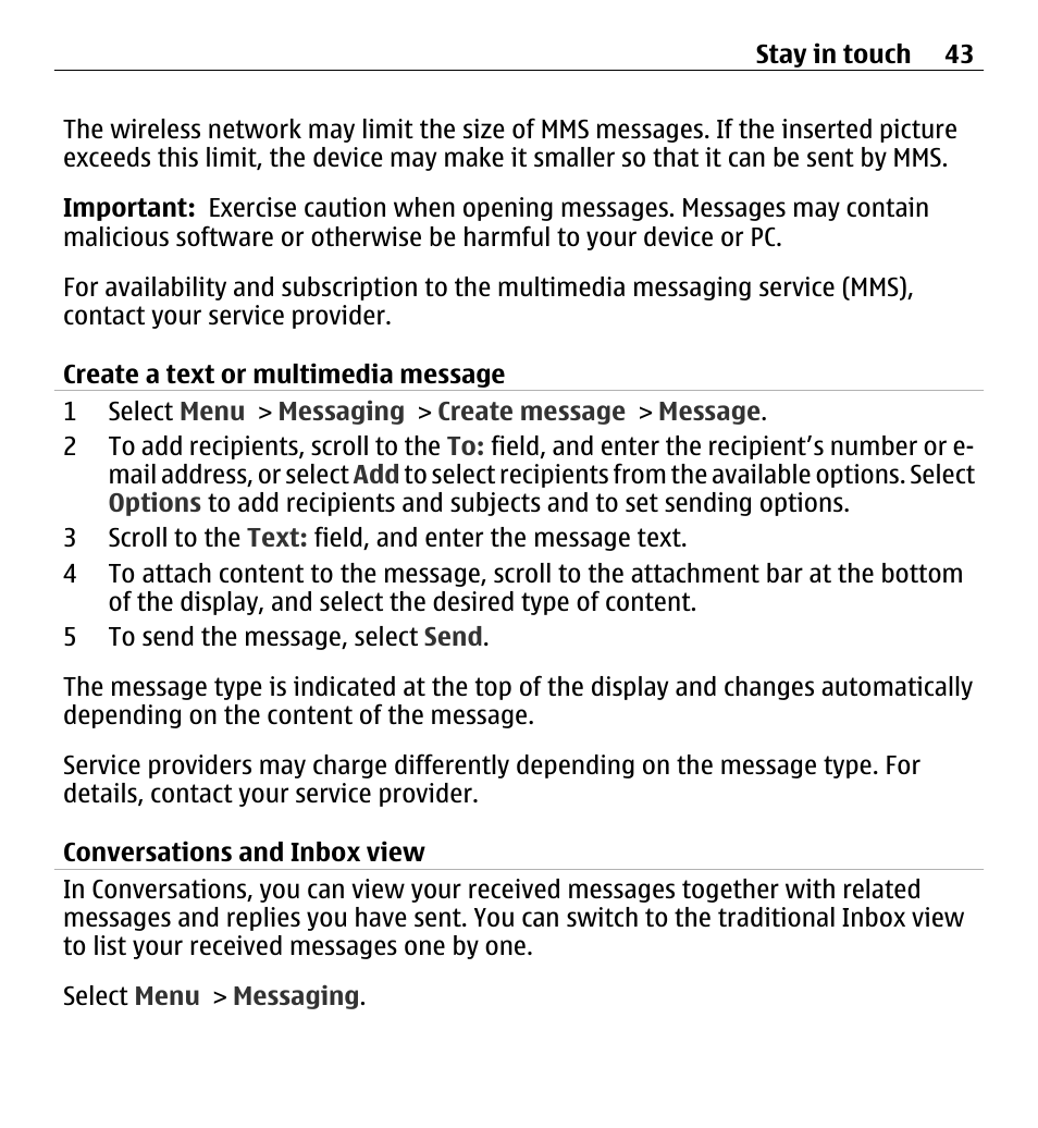 Create a text or multimedia message, Conversations and inbox view | Nokia X3-00 User Manual | Page 43 / 87