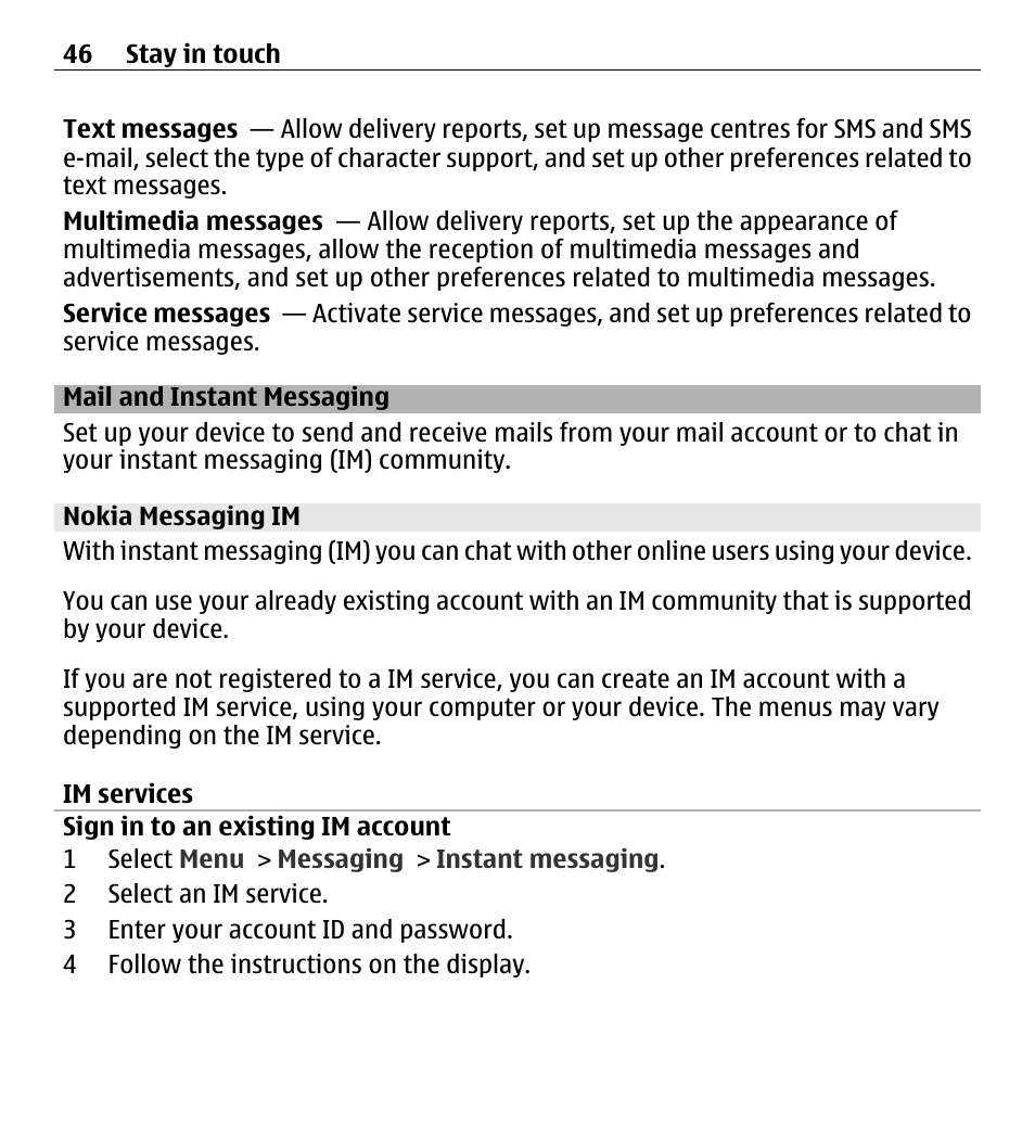 Mail and instant messaging, Nokia messaging im, Im services | Nokia X3-00 User Manual | Page 46 / 87