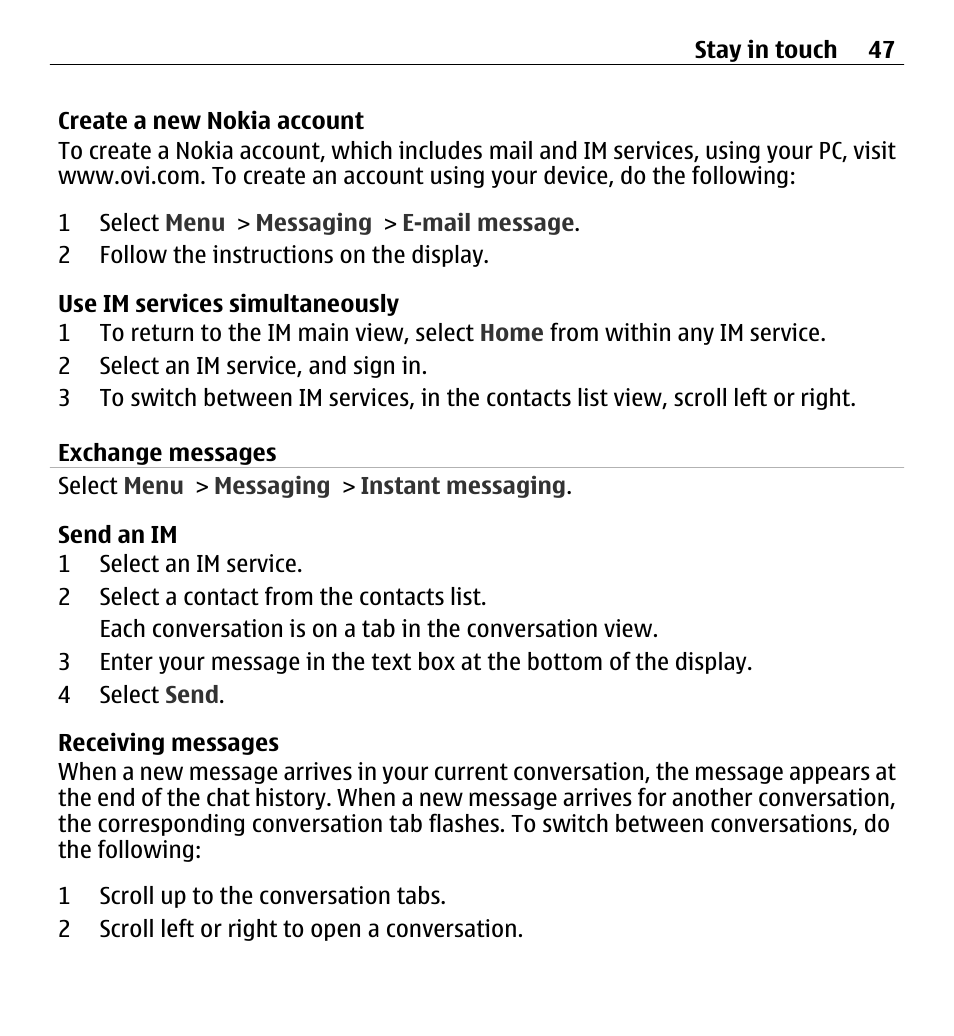 Exchange messages | Nokia X3-00 User Manual | Page 47 / 87
