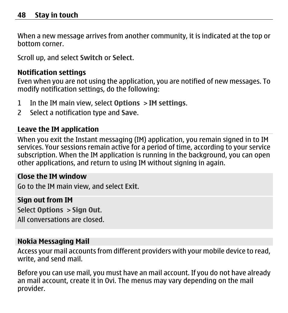 Leave the im application, Nokia messaging mail | Nokia X3-00 User Manual | Page 48 / 87