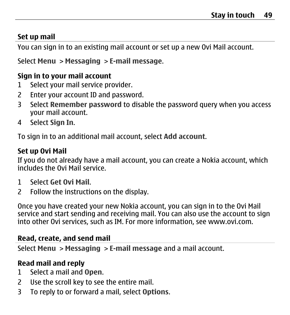 Set up mail, Read, create, and send mail | Nokia X3-00 User Manual | Page 49 / 87