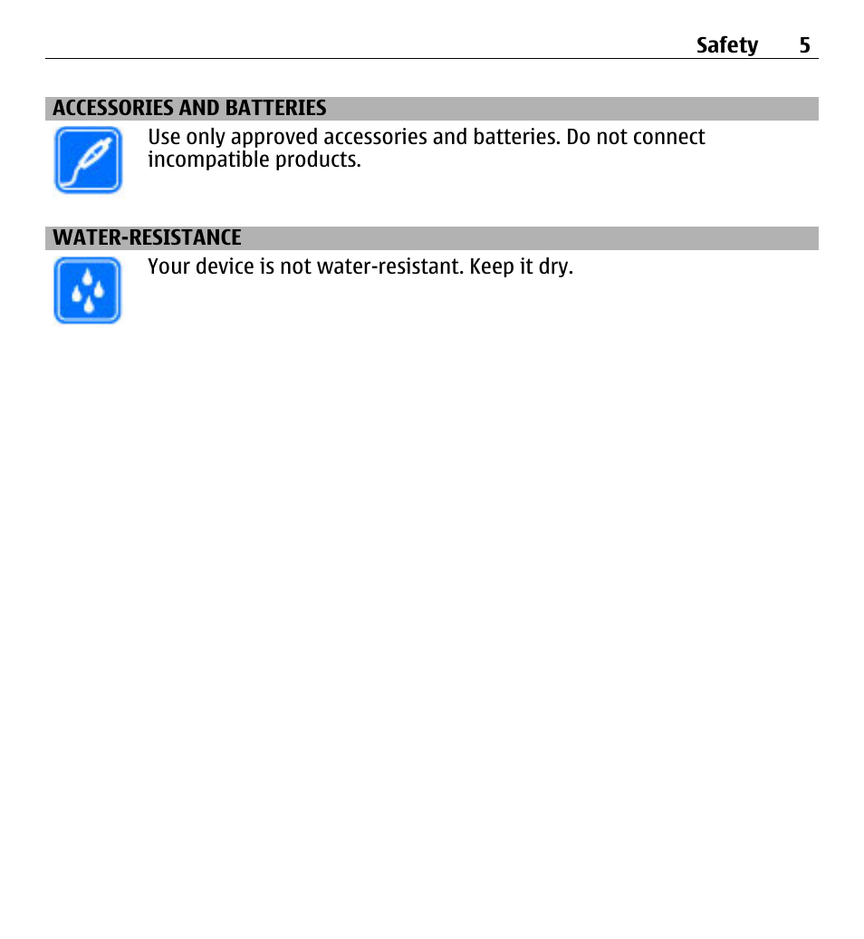 Accessories and batteries, Water-resistance | Nokia X3-00 User Manual | Page 5 / 87