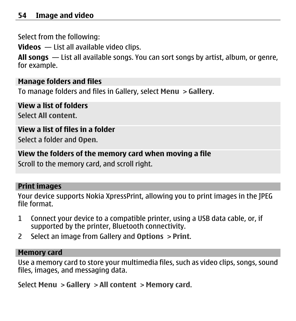Manage folders and files, Print images, Memory card | Nokia X3-00 User Manual | Page 54 / 87