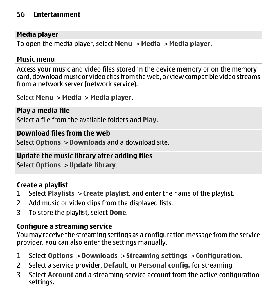 Media player, Music menu | Nokia X3-00 User Manual | Page 56 / 87