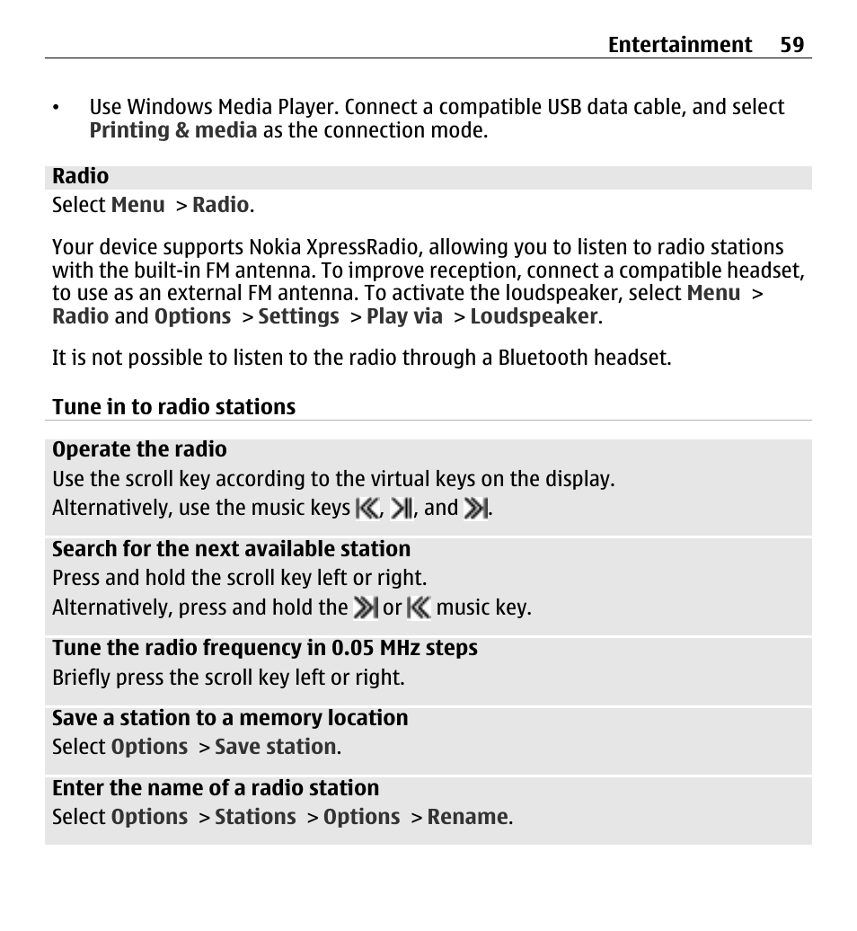 Radio, Tune in to radio stations | Nokia X3-00 User Manual | Page 59 / 87