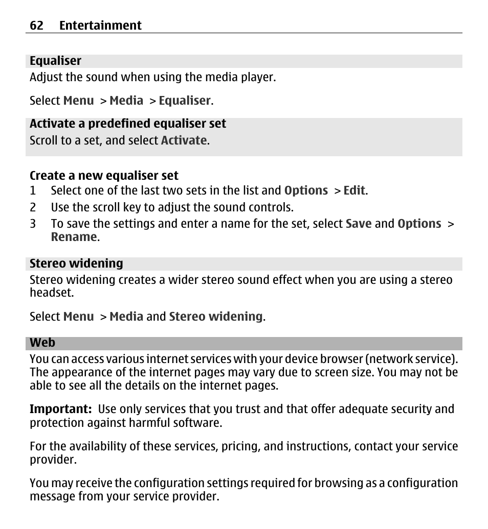 Equaliser, Stereo widening, Web 62 | Nokia X3-00 User Manual | Page 62 / 87