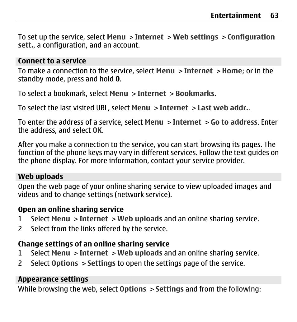 Connect to a service, Web uploads, Appearance settings | Nokia X3-00 User Manual | Page 63 / 87