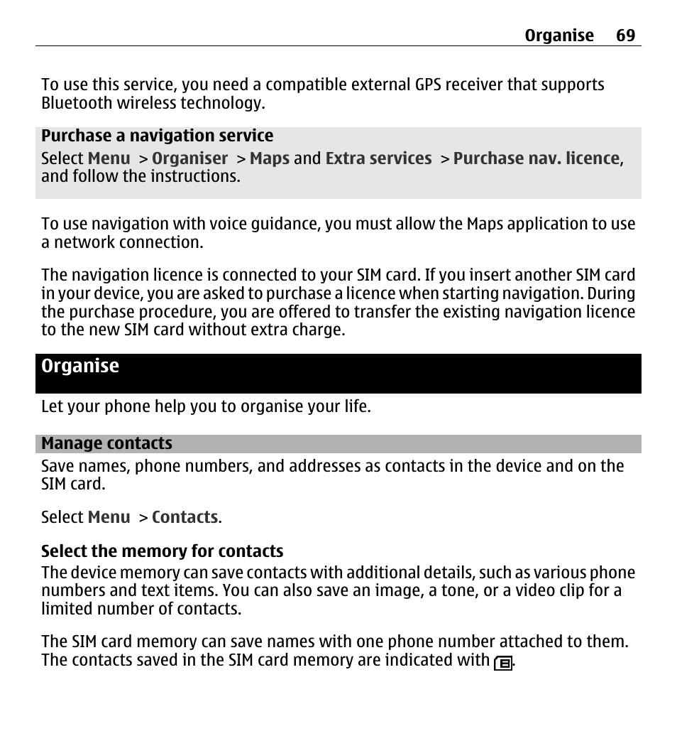 Organise, Manage contacts | Nokia X3-00 User Manual | Page 69 / 87