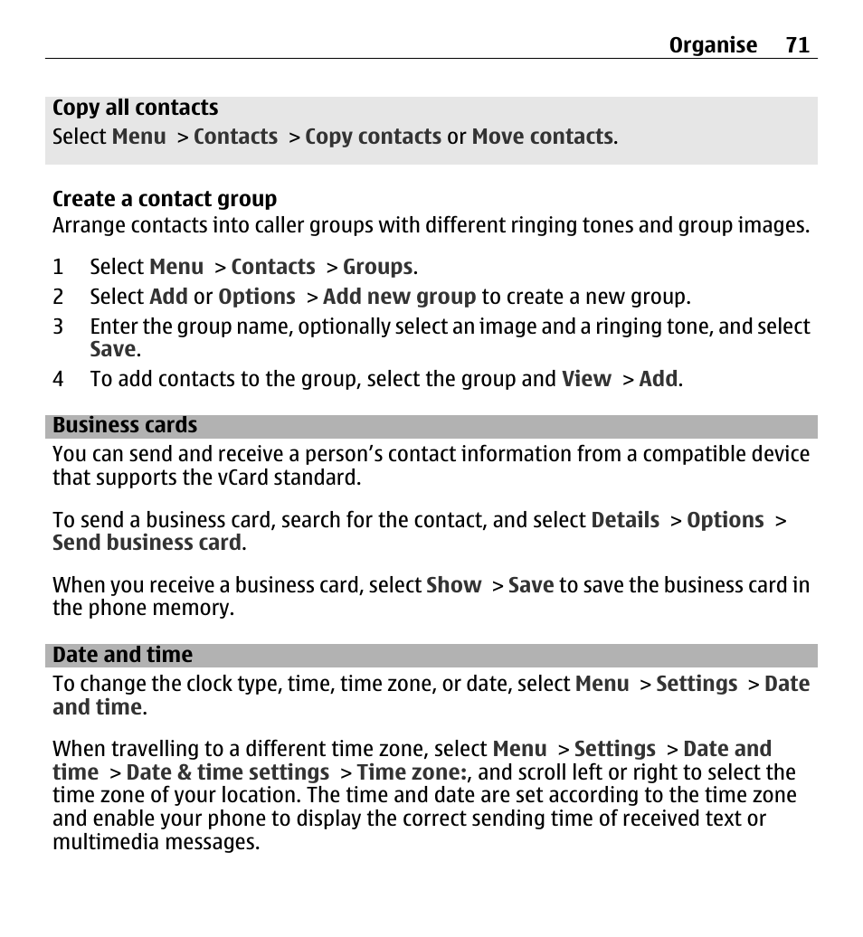 Business cards, Date and time | Nokia X3-00 User Manual | Page 71 / 87