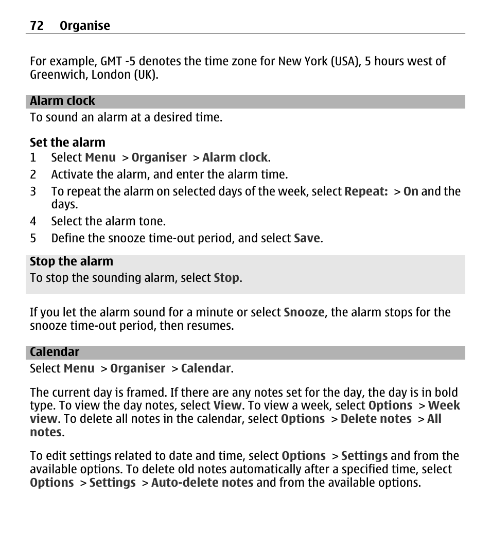 Alarm clock, Calendar | Nokia X3-00 User Manual | Page 72 / 87