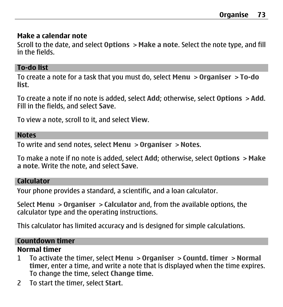 To-do list, Notes, Calculator | Countdown timer | Nokia X3-00 User Manual | Page 73 / 87