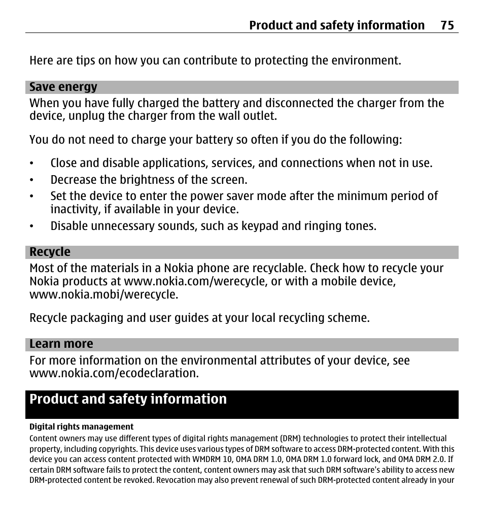 Save energy, Recycle, Learn more | Product and safety information, Digital rights management, Product and safety, Information | Nokia X3-00 User Manual | Page 75 / 87