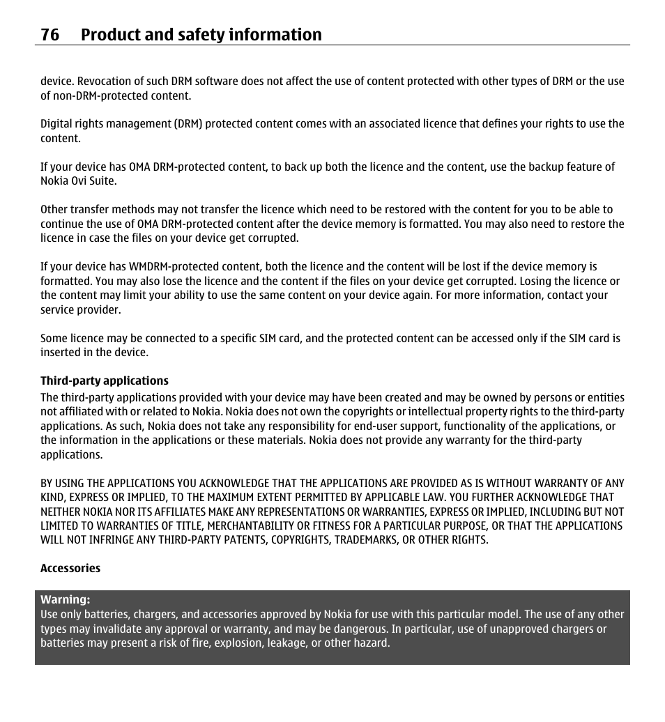 Third-party applications, Accessories, 76 product and safety information | Nokia X3-00 User Manual | Page 76 / 87