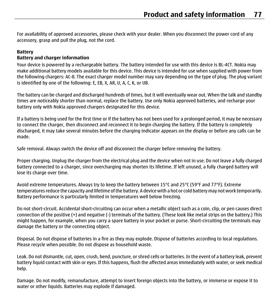 Battery, Battery and charger information, Product and safety information 77 | Nokia X3-00 User Manual | Page 77 / 87
