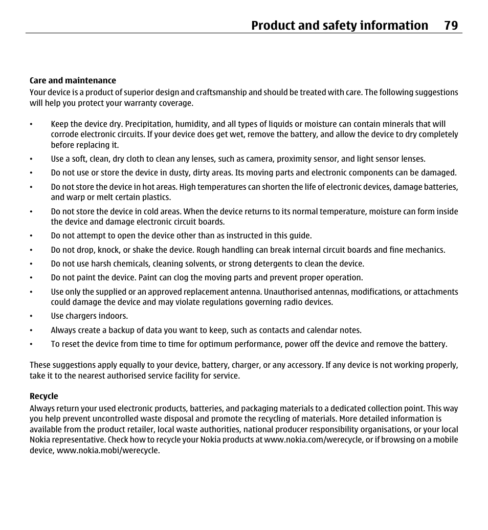 Care and maintenance, Recycle, Product and safety information 79 | Nokia X3-00 User Manual | Page 79 / 87