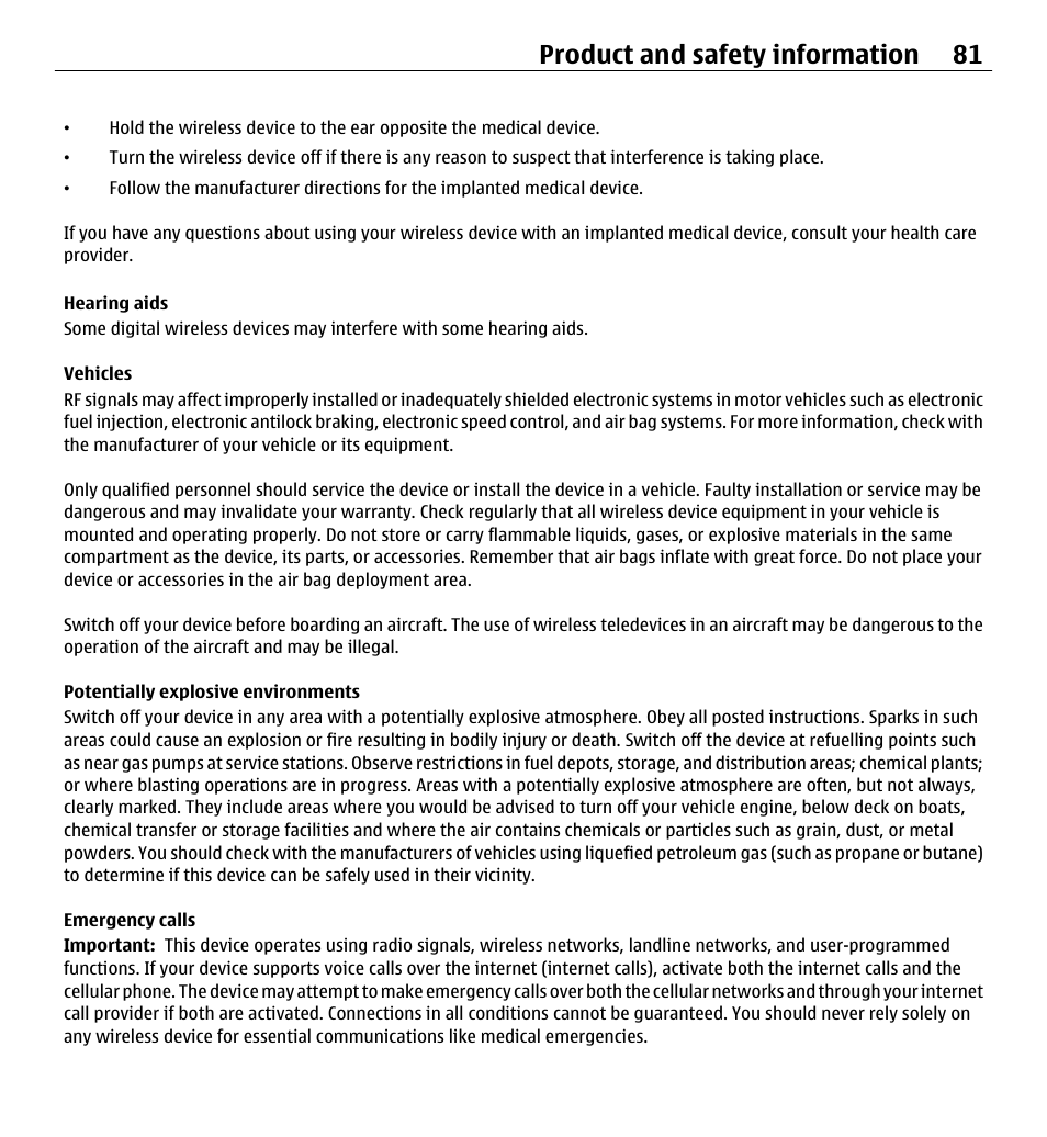 Hearing aids, Vehicles, Potentially explosive environments | Emergency calls, Product and safety information 81 | Nokia X3-00 User Manual | Page 81 / 87