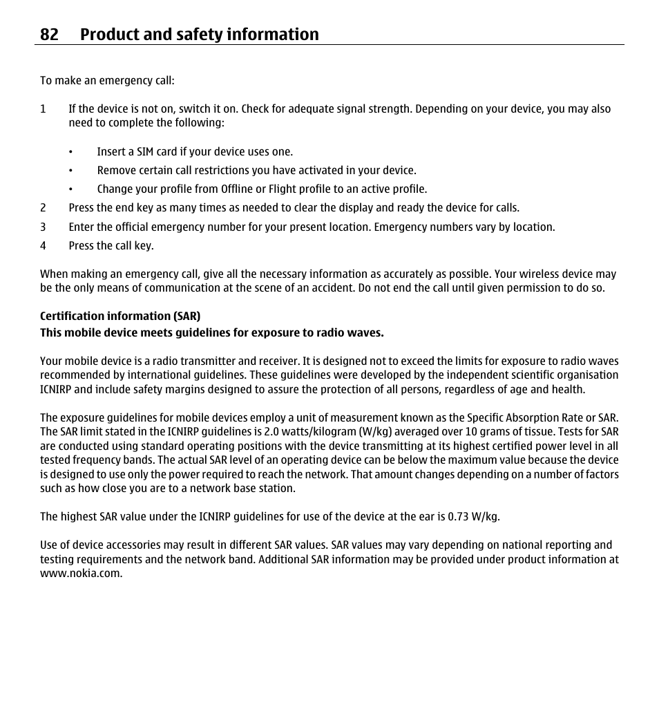 Certification information (sar), 82 product and safety information | Nokia X3-00 User Manual | Page 82 / 87