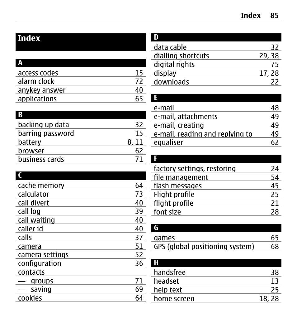 Index | Nokia X3-00 User Manual | Page 85 / 87