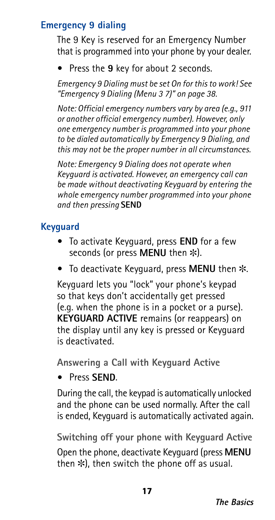 Emergency 9 dialing, Keyguard | Nokia 282 User Manual | Page 22 / 93