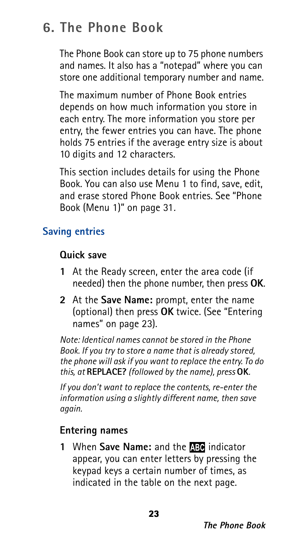 The phone book, Saving entries | Nokia 282 User Manual | Page 28 / 93