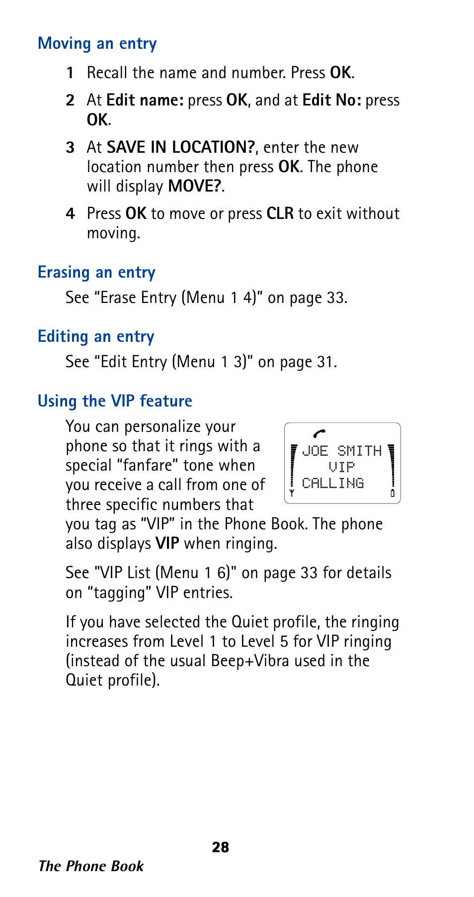 Moving an entry, Erasing an entry, Editing an entry | Using the vip feature | Nokia 282 User Manual | Page 33 / 93