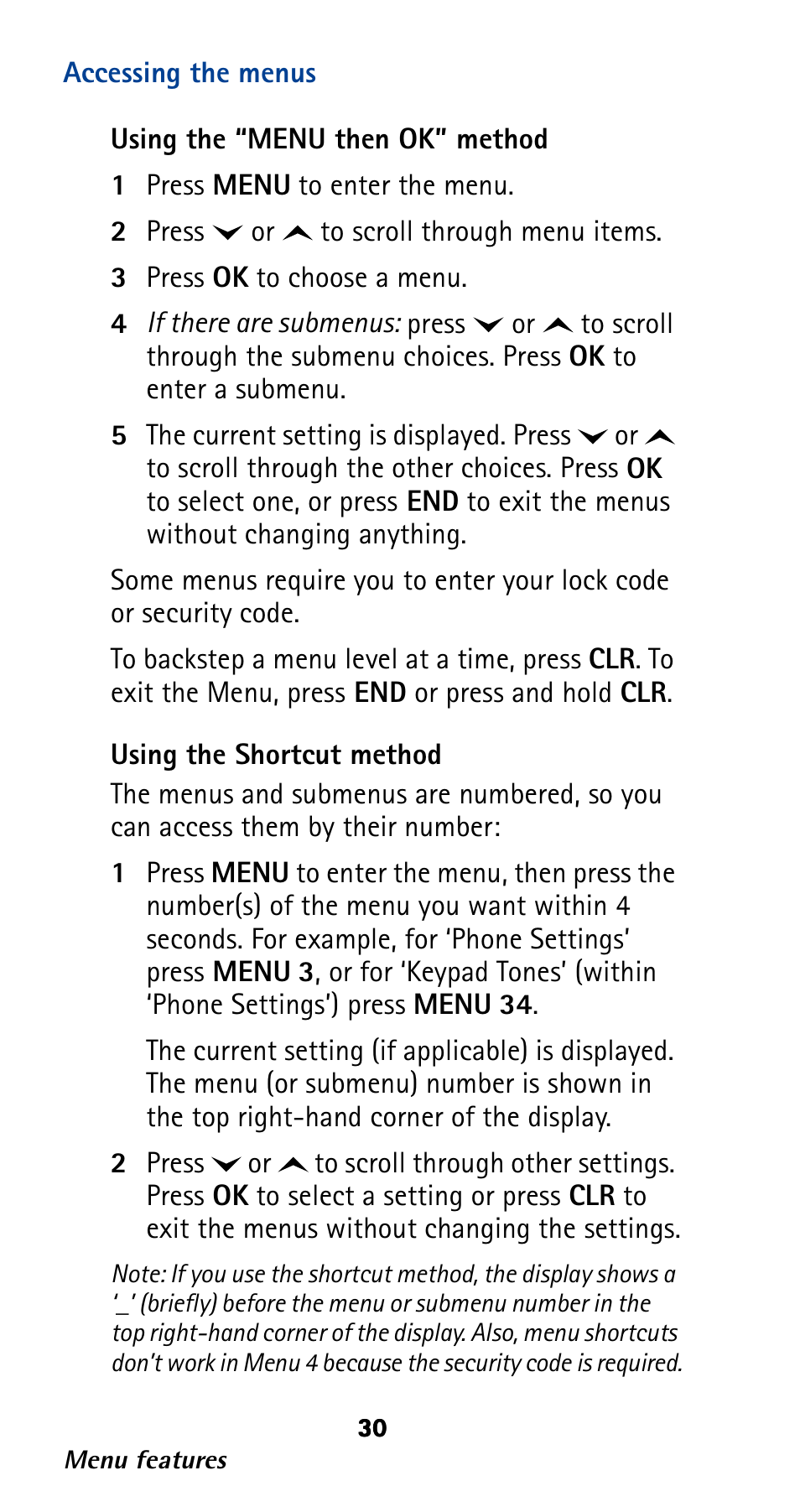 Accessing the menus | Nokia 282 User Manual | Page 35 / 93