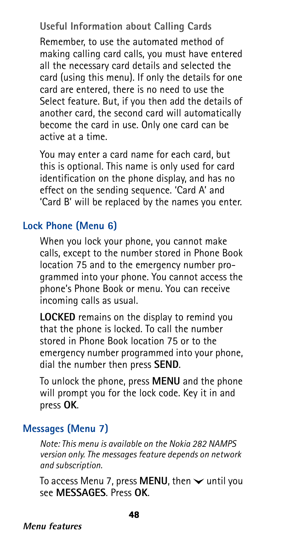 Lock phone (menu 6), Messages (menu 7) | Nokia 282 User Manual | Page 53 / 93