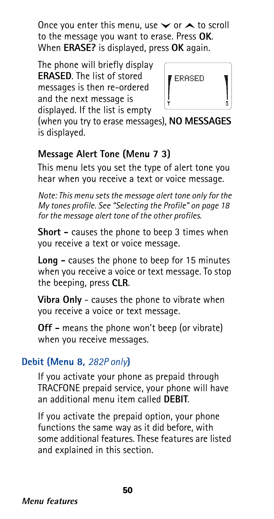 Debit (menu 8, 282p only) | Nokia 282 User Manual | Page 55 / 93