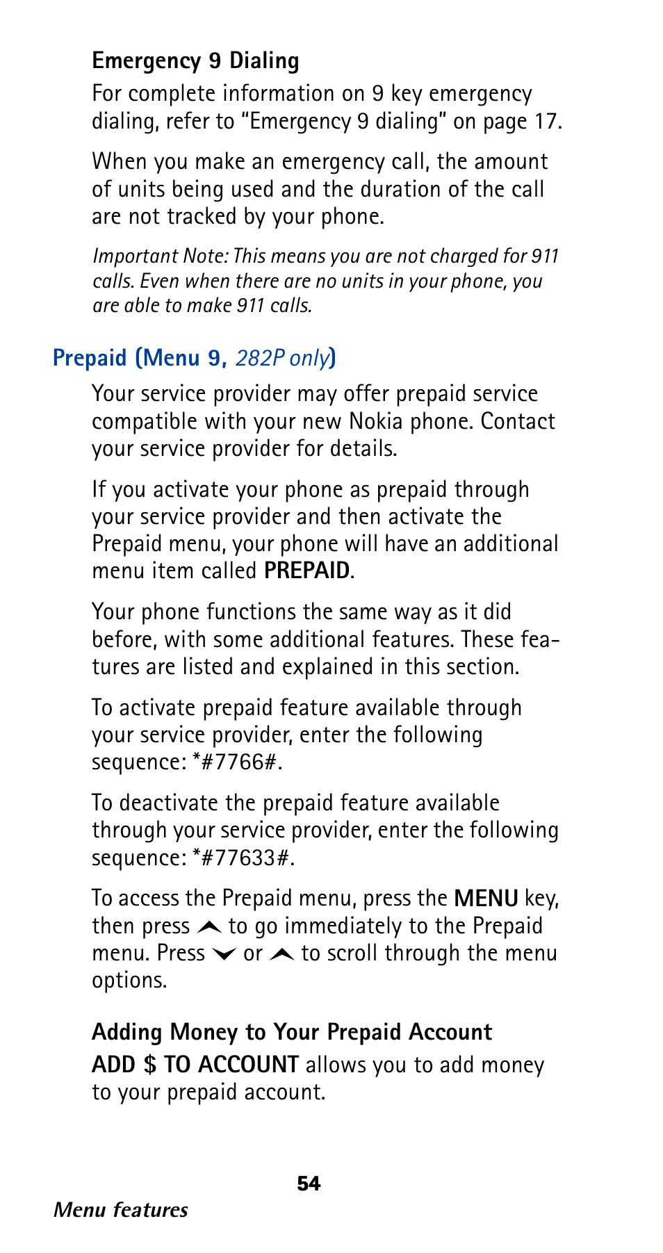 Prepaid (menu 9, 282p only) | Nokia 282 User Manual | Page 59 / 93