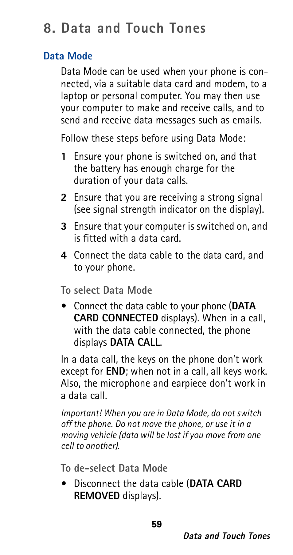 Data and touch tones, Data mode | Nokia 282 User Manual | Page 64 / 93