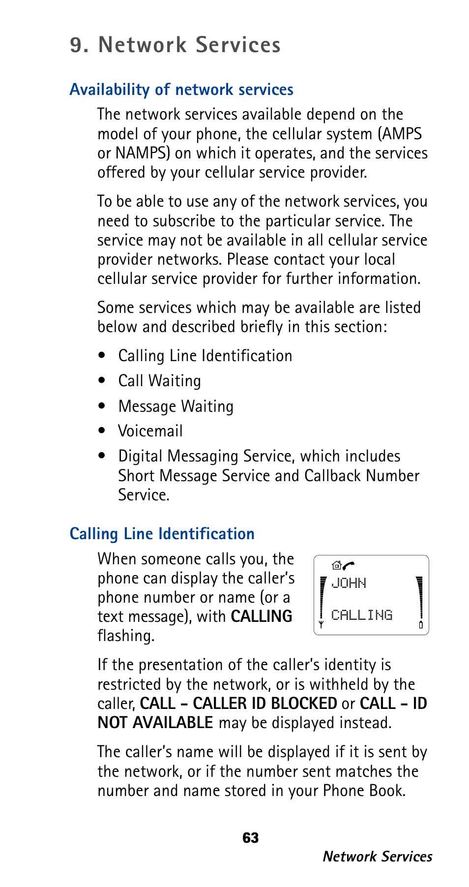 Network services, Availability of network services, Calling line identification | Nokia 282 User Manual | Page 68 / 93