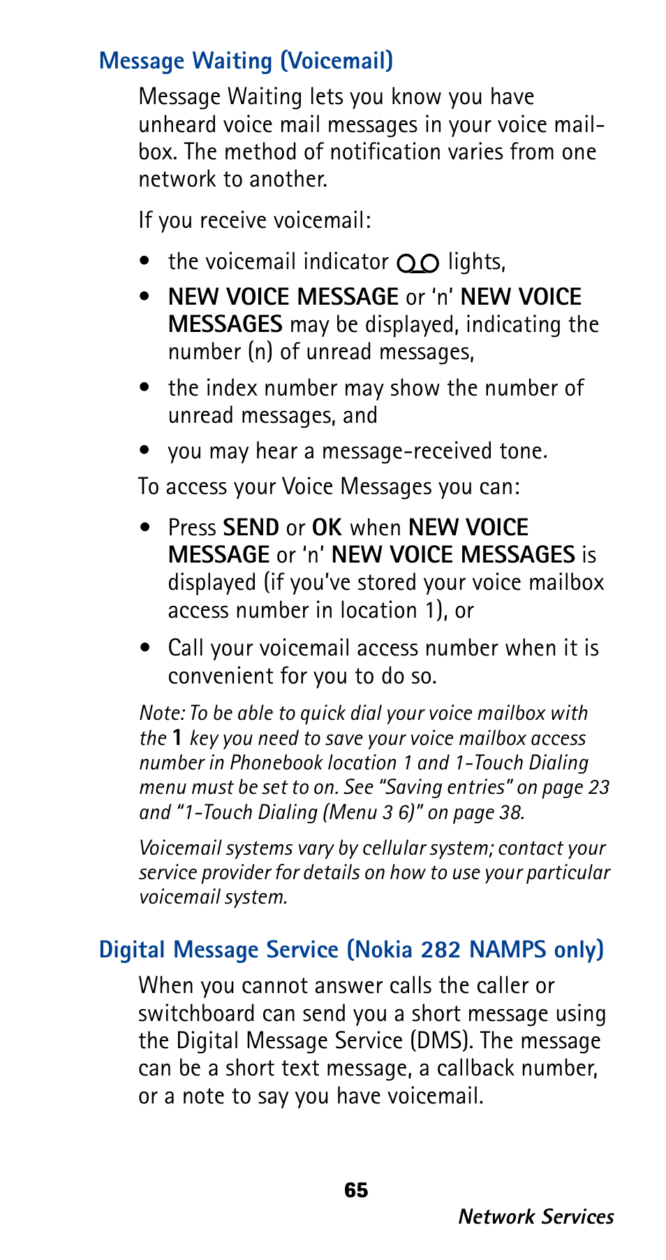 Message waiting (voicemail), Digital message service (nokia 282 namps only) | Nokia 282 User Manual | Page 70 / 93