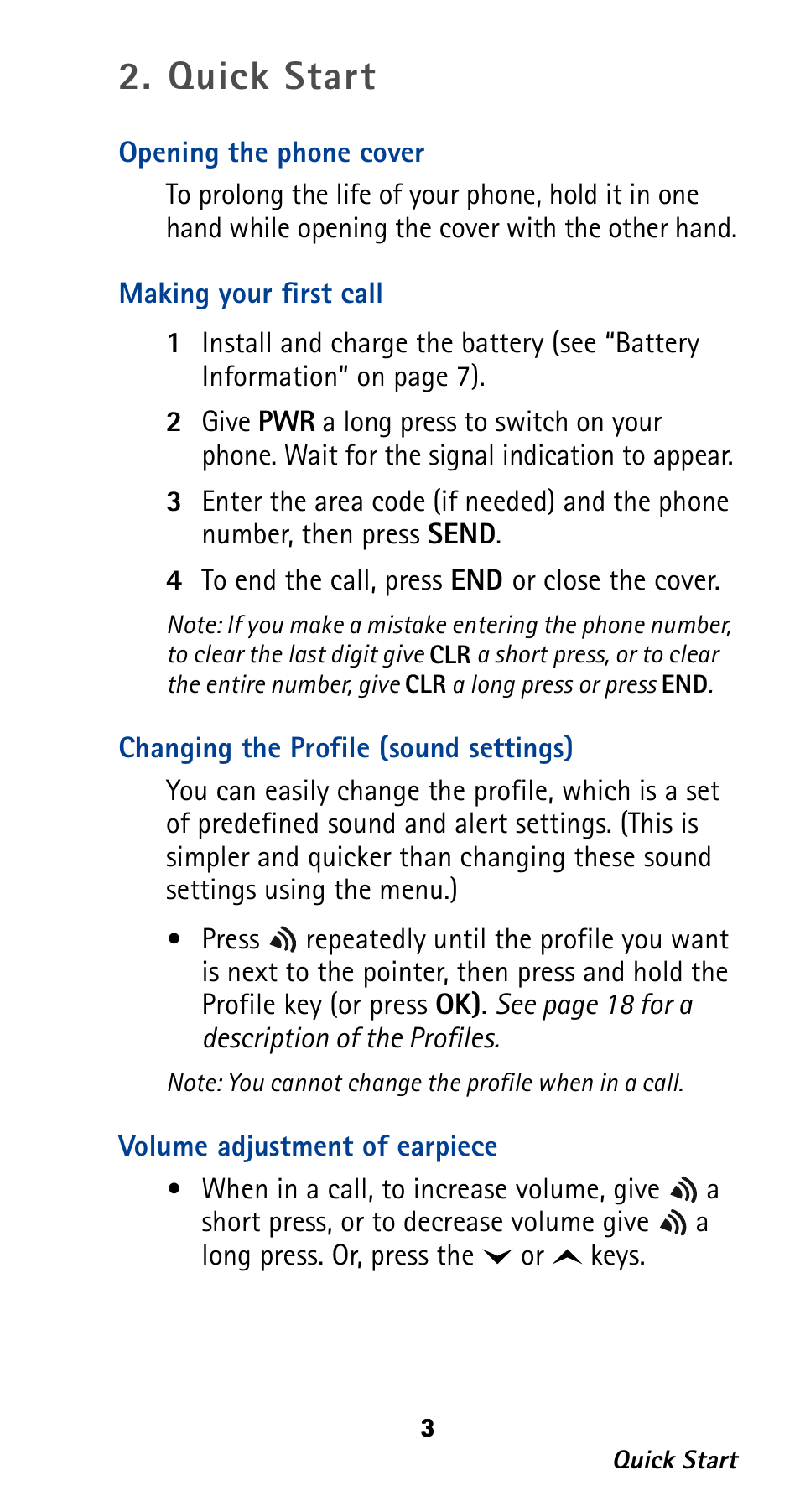 Quick start, Opening the phone cover, Making your first call | Changing the profile (sound settings), Volume adjustment of earpiece | Nokia 282 User Manual | Page 8 / 93