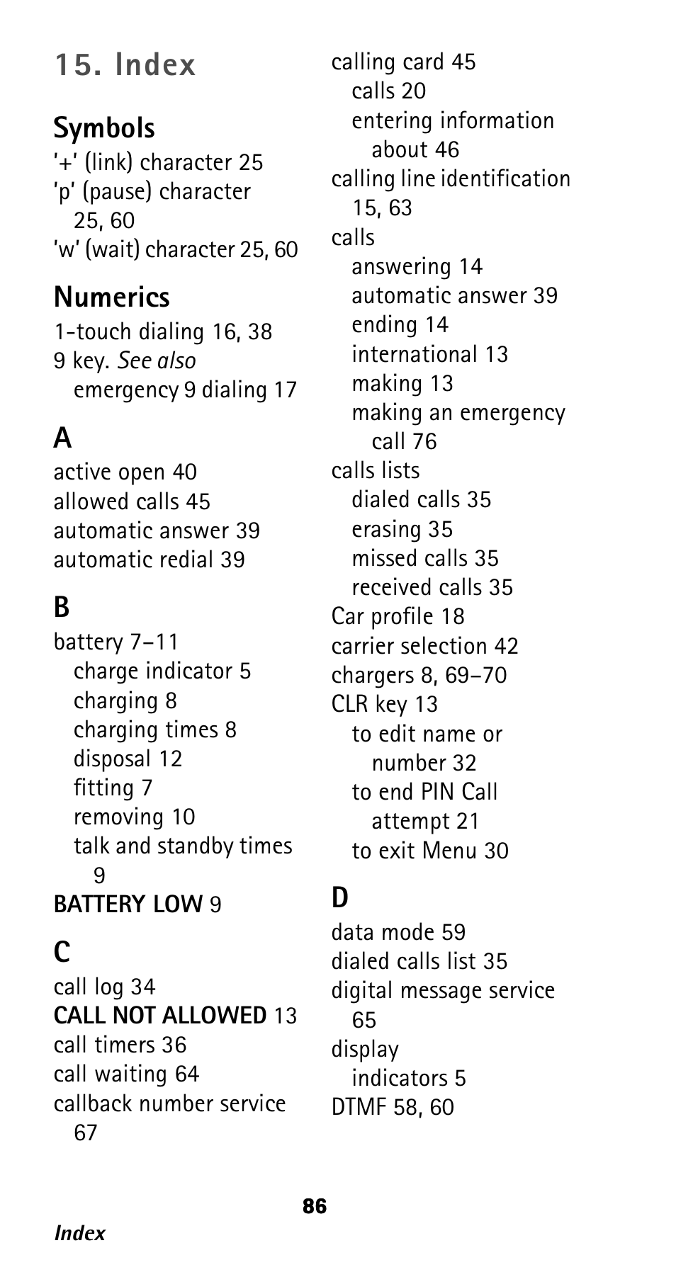 Index, Symbols, Numerics | Nokia 282 User Manual | Page 91 / 93