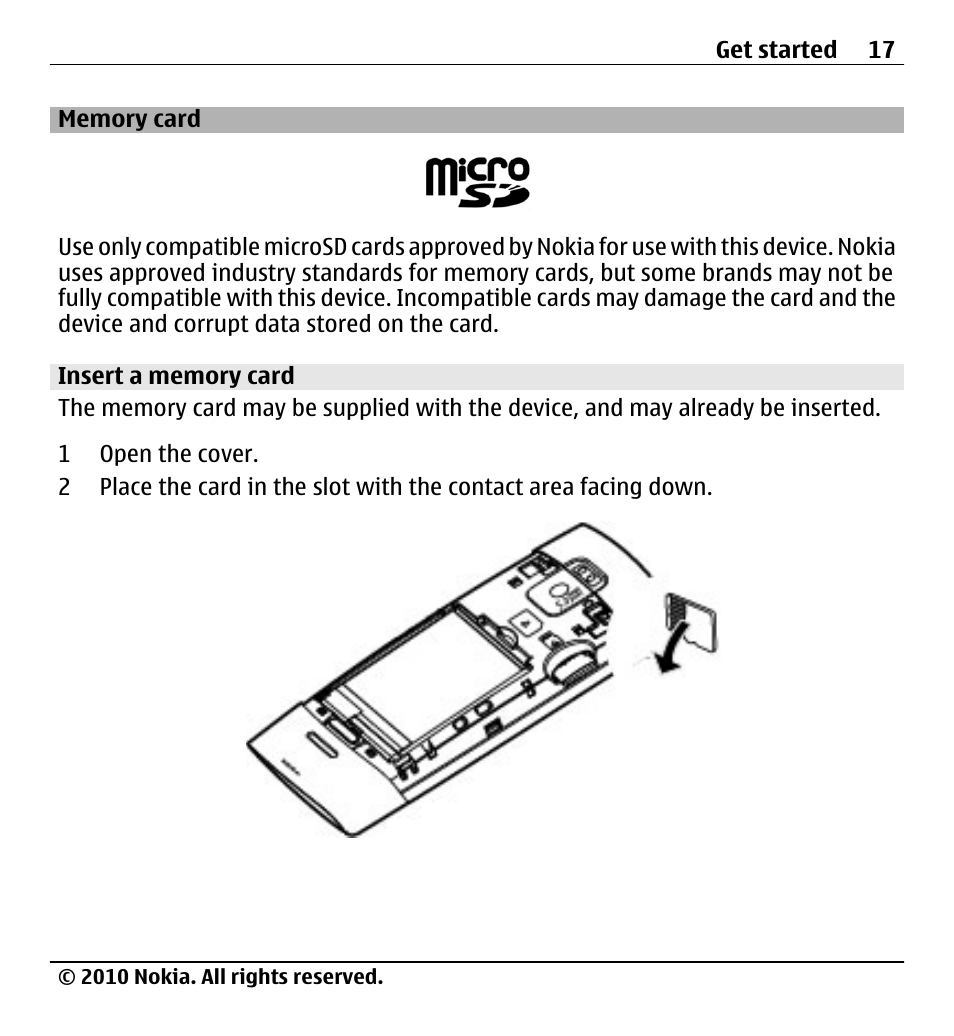 Memory card, Insert a memory card | Nokia X500 User Manual | Page 17 / 121